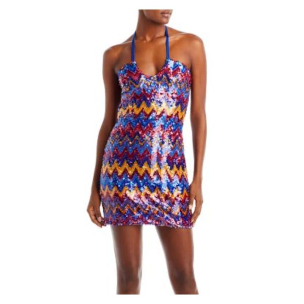 RAMY BROOK Womens Blue Tie Lined Sleeveless Halter Short Party Sheath Dress 2